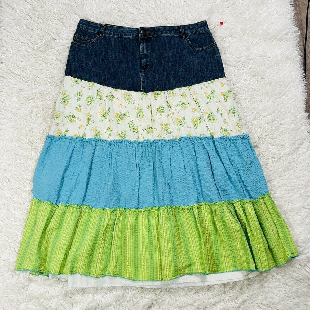 Sexy Speechless Denim Jean Mermaid Tiered Stretch Maxi Skirt Sz XL Fits Sz 14